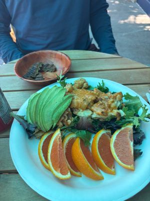 Scramble plate with sausage to the side. at Blondies Vegan Proteins + Cafe Hawaii in Honolulu