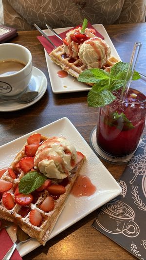 Vegan waffles with vegan vanilla ice cream and vegan whipped cream. Very fluffy and delicious, not too sweet either!  at Stadtcafe Kassel in Kassel