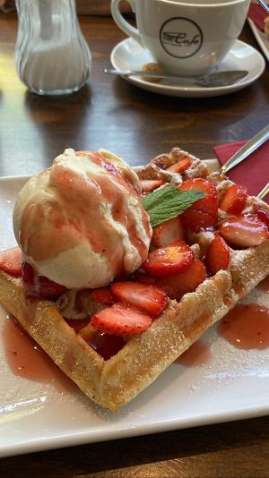 Vegan waffle with vegan vanilla ice cream. Very fluffy and delicious, not too sweet either!  at Stadtcafe Kassel in Kassel