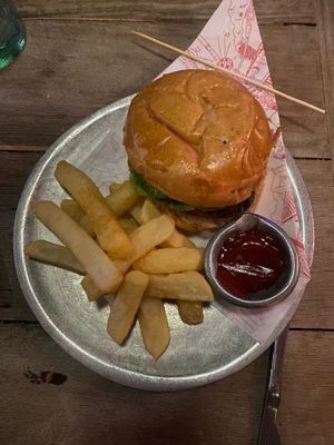 Vegetarian (possibly vegan) Lentil burger with fries at Andrés Carne de Res in Cundinamarca