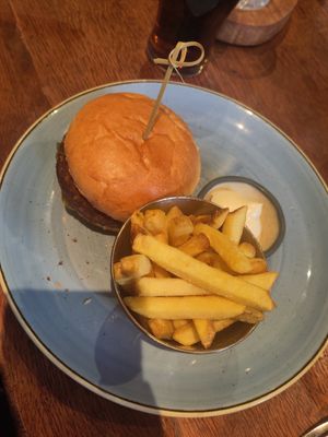 Vegan burger and chips at The Fishpool Inn in Delamere