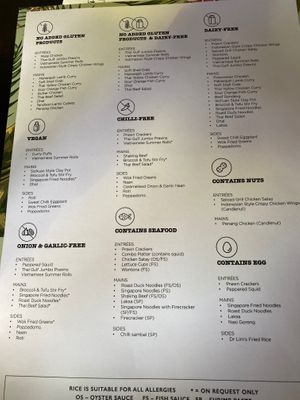 An amazing extra menu with meals they offer for people with different allergies and needs. The regular menu is also good with vegan options clearly marked.  at Monsoon Poon in Auckland