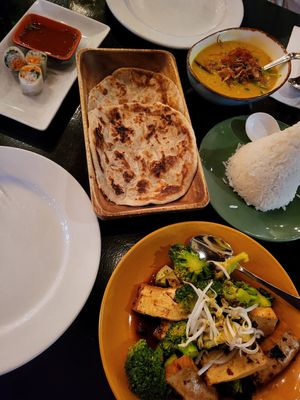 Summer Rolls, Roti, Tofu and Broccoli Stir Fry and Dhal with rice, yum :) at Monsoon Poon in Auckland