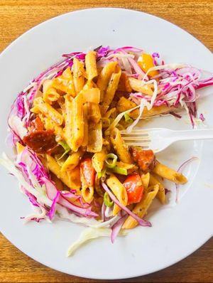 BBQ’d Veg Rasta Pasta   at Janelle's Vegan Kitchen in Amherst