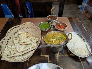 Gobi Matar with Garlic Naan and White Rice at Rajdarbar Indian Restaurant in Chiang Mai
