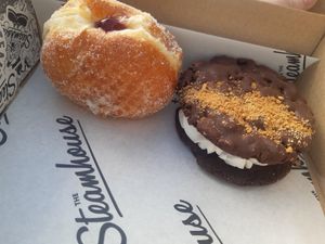 Vegan biscoff Cookie sandwich and non vegan blueberry jam doughnut at The Steamhouse in Redditch