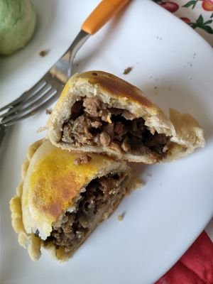 "empanada Argentina" recheio de beringela e carne de soja/pastry with aubergine and soy meat filling at Tempero Chinês in Porto Alegre