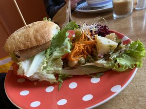 Tofu burger and salads at Toucan Cafe in Minehead
