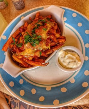 Loaded Chilli "Cheese" Sweet Potato Fries at Toucan Cafe in Minehead