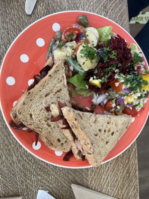 Sandwich with vegan sausage  at Toucan Cafe in Minehead