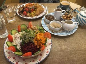 The toucan works vegan breakfast and the large salad   at Toucan Cafe in Minehead