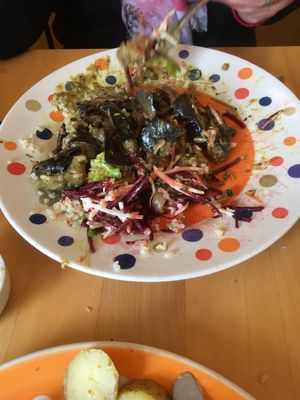 Aubergine, peanut and coconut curry with brown rice and salad.  at Toucan Cafe in Minehead