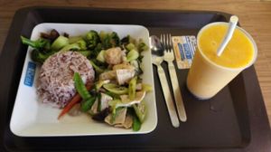 rice with three  vegetarian courses and a mango banana smoothie at BKK - Veg Stall Food Court - T21 in Bangkok