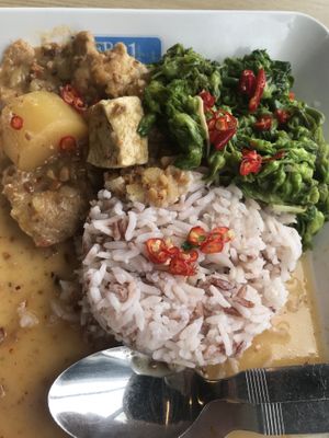 Massaman curry, greens, rice, 32 baht.  at BKK - Veg Stall Food Court - T21 in Bangkok