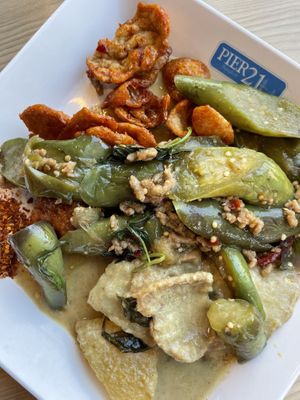 Crispy soy things plus Aubergine is great  #Veganuary at BKK - Veg Stall Food Court - T21 in Bangkok