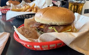 Rodeo Burger with fries    at Hank's Dirty Norwich in Norwich