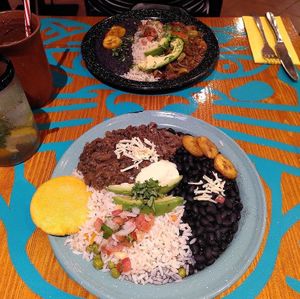 The Venezuelan national dish with rice, beans, a corn "pancake" and vegan sauce. at Alebrijes in Wiesbaden