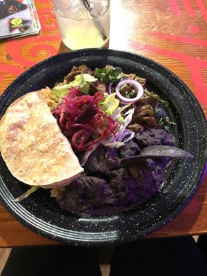 Black beans, Tofu in green Sauce with Tortilla and wonderful Cucumber Lemonade  at Alebrijes in Wiesbaden