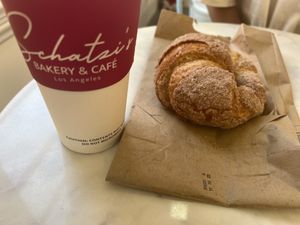 Churro croissant and soy cappucino   at Schatzi's Bakery & Cafe in Sherman Oaks