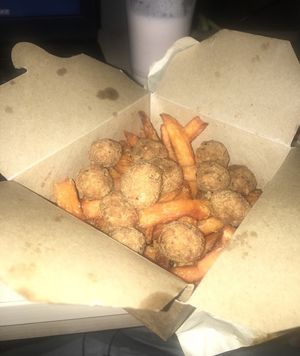 Sweet Potato fries with chicken poppers (mixed myself)  at VeBurger in Bristol