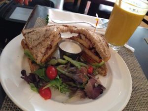 BBQ tempeh sandwich and pumpkin chai smoothie at Candle Cafe West in New York City
