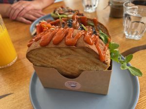 Vegan egg drop sandwich and  at FOUR Specialty Coffee & Bistro in Valencia