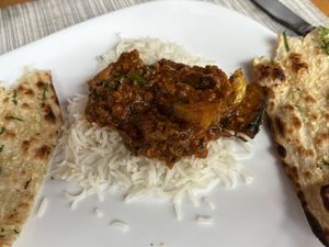 Spicy curry, rice, vegan naan  at Hola India in Manuel Antonio