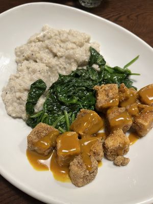 BBQ tofu plate with coconut grits and spinach  at Watauga Brewing Company in Johnson City