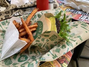 Vegan burger and sweet potato fries   at Bastard Burgers in Helsinki