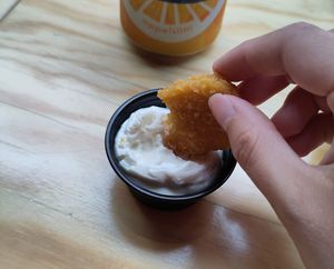 A no-chicken nugget with aioli dip at Bastard Burgers in Helsinki