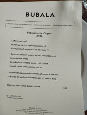 Lunch menu at Bubala - Soho in London