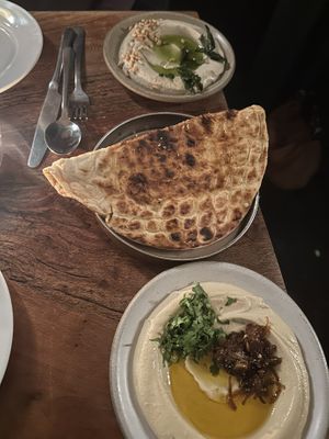Baba ganoush, flatbread, hummus    at Bubala - Soho in London