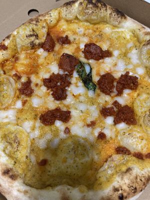 The pumpkin and vegan nduja sausage pizza with vegan cheese (a special)   at Pizzeria La Gaby in Buxton