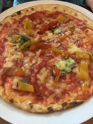 Gluten free pizza with vegan cheese and peppers  at Pizzeria La Gaby in Buxton