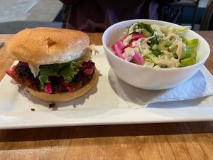 Sweet potato burger with side salad  at Veg Head in Lansing