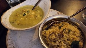 Yellow rice and cashew nut and pea curry at Copper Ceylon in Bromley