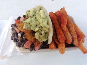 Vegan arepa and tempura sweet potato fries at Pabellon Venezuelan Food in South East London