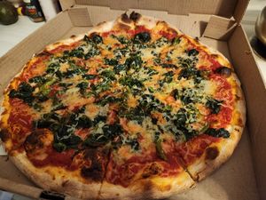 Vegan cheeze, spinach and garlic pizza! at Amore Apizza in Wallingford