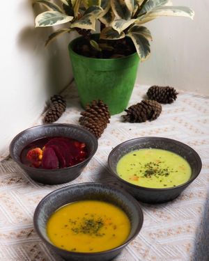 Beetroot Soup with mixed vegetables 紅菜頭什菜湯, Pumpkin Soup with Carrot 南瓜甘筍栗子湯, Chestnut & Cauliflower Soup with Pea Puree 椰菜花青豆蓉湯 at Cooking with Plants - 煮植 in Kowloon