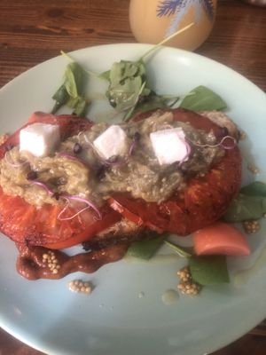Sourdoughbred with tomatoes and vegan feta  at Garzon Café  in Budapest