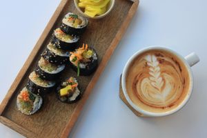 Kimbap(korean sushi) and cappuccino  at Cafe Vegu in Lewes