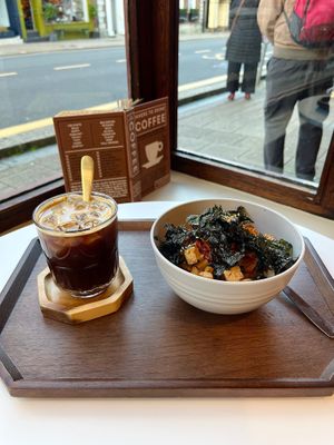 Iced Americano and rise dish at Cafe Vegu in Lewes