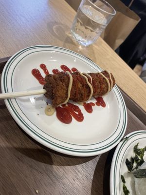 Corn dog - yummy saveloy flavour   at Cafe Vegu in Lewes