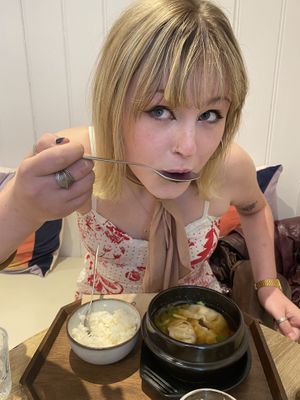 Daughter enjoying soup  at Cafe Vegu in Lewes