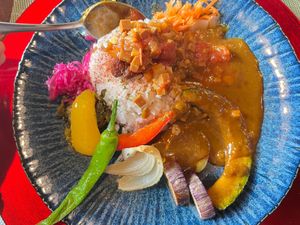 Vegan Keema Curry and European Curry on Rice and Veggies at Siesta in Hirakawa