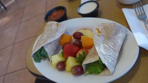 vegan wrap with salsa and fresh fruit, the other sauce is not vegan at Jason's Deli in Scottsdale