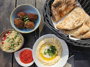Tabouleh, falafel, chilli, humus tehina, laffa bread at Die Kurve in Dusseldorf