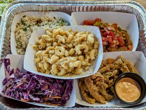 Mac 'n' cheese, fried cactus, cabbage slaw, stewed okra and tomato, Soul Rice at Vegan Soul in Boise
