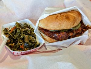 BBQ Jackfruit Sandwich and Collard Greens at Vegan Soul in Boise