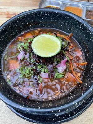 Red Pozole. This was an inspired dish. Just needed a little seasoning    at Tierra Ixim in Bacalar